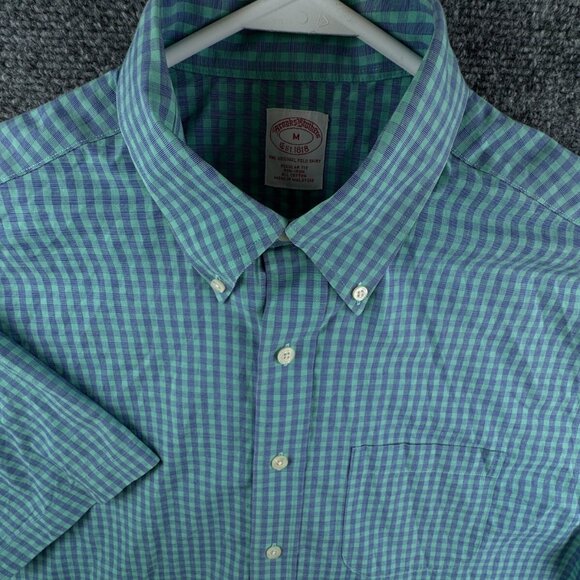 Brooks Brothers Short Sleeve Button Up Shirt Men Cotton Purple Green Medium Reg - Picture 1 of 16